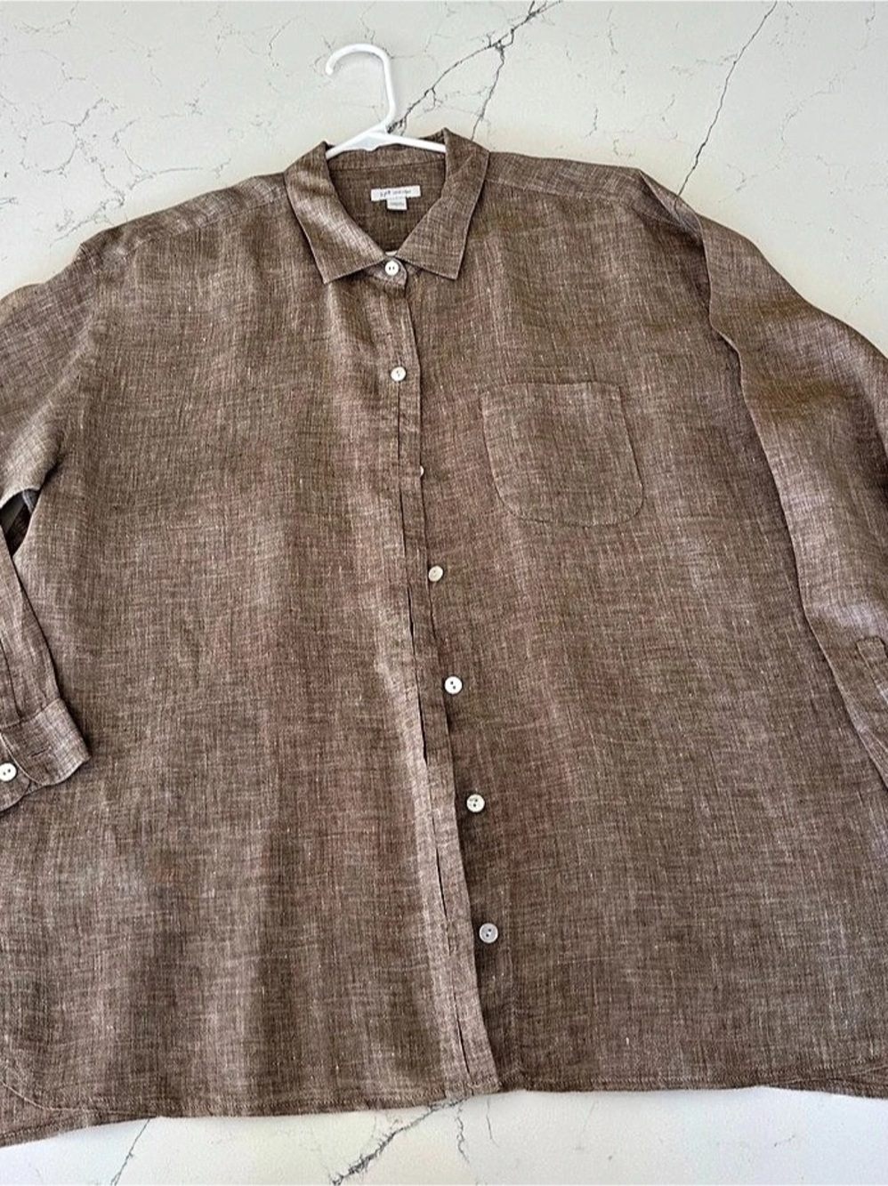 J Jill Love Linen Relaxed Long-Sleeve Shirt in Toffee/White